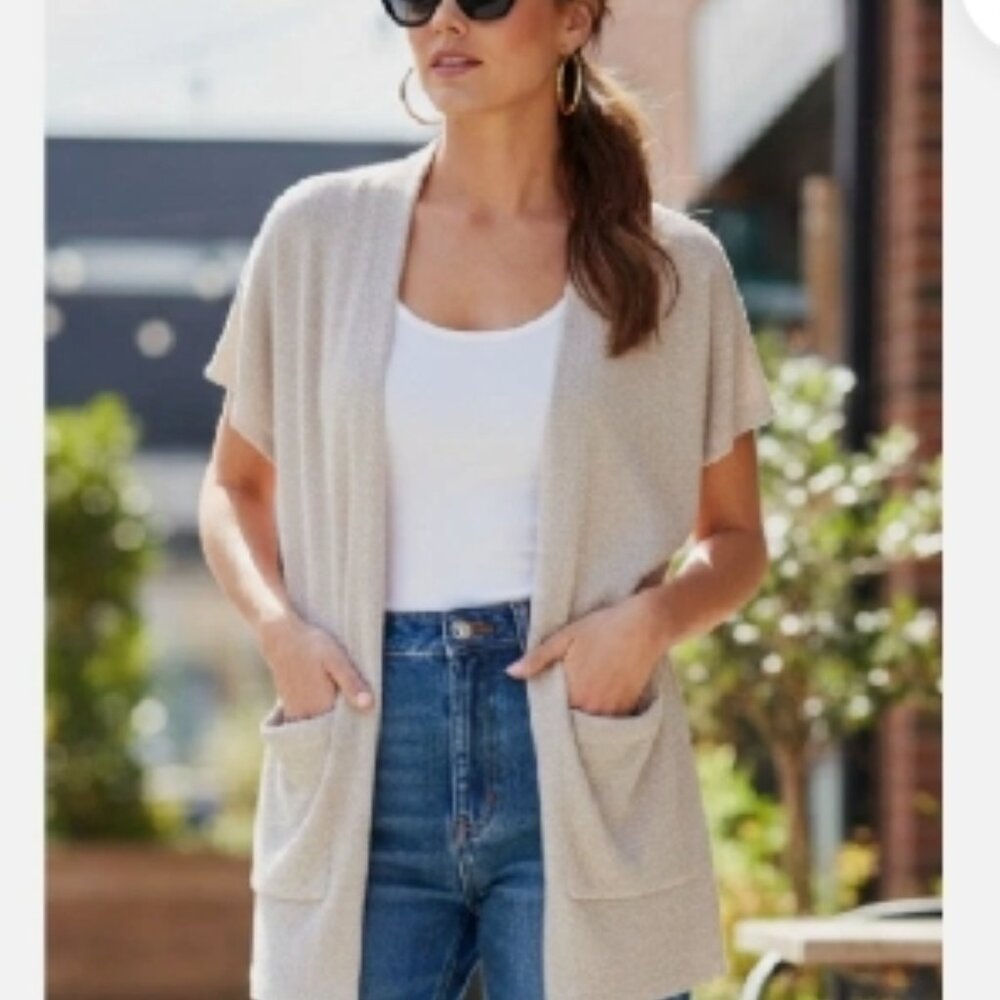 Tommy Bahama Women L - XL Island Soft Cardigan Sweater Open Front Beige NWT - Picture 2 of 10